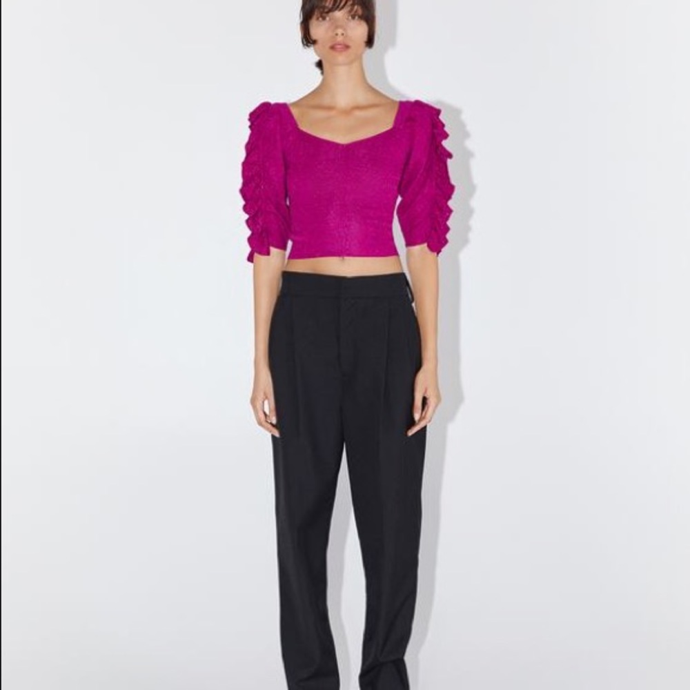 NEW Zara Pink Raspberry Ruffle Puff Sleeve Top - Picture 9 of 10